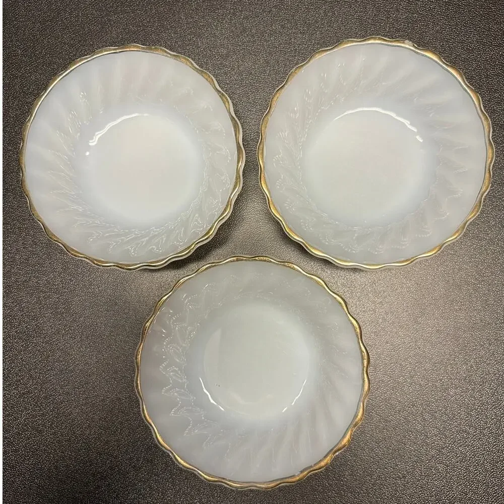 Set of 3 Vintage Anchor Hocking Oven Ware Suburbia Gold Trim Swirl Desert Bowls